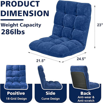 Folding Floor Chair 14-Position Cushioned Adjustable Floor Lazy Sofa Chair w/Breathable Cotton & Skin-Friendly Flannel for Adults & Kids Ideal for Reading Meditating, Navy