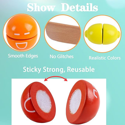 newlng Wooden Play Food Toys Fruits and Vegetables for Toddlers Cutting Fruits and Vegetables Food Toys Food Cutting Toys Best Gift for Christmas Birthday with Reusable Storage Bag
