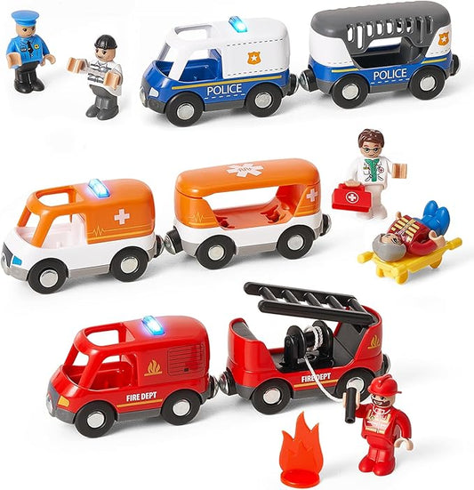 Giant bean 6pcs Magnetic Rescue Train Car Set with Sound & Light – 3 in1 Police, Fire & Ambulance Emergency Vehicles, Magnetic Coupling with Action Figures Accessories, STEM Play Toy for Kids 3+