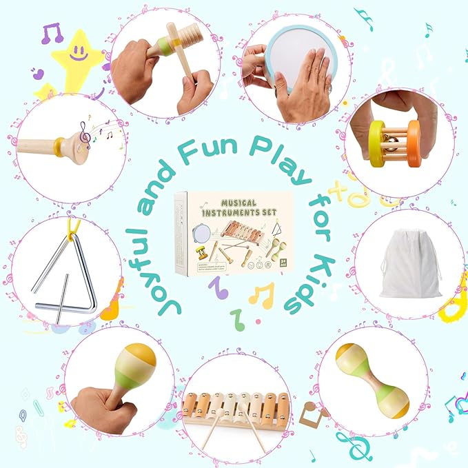 Baby Musical Instruments Montessori Wooden Music Toys Set 1-3 Gifts Kids Toddler Percussion Drum Modern Boho Xylophone with Storage Bag Boys Girls Birthday Christmas Preschool Learning Gifts