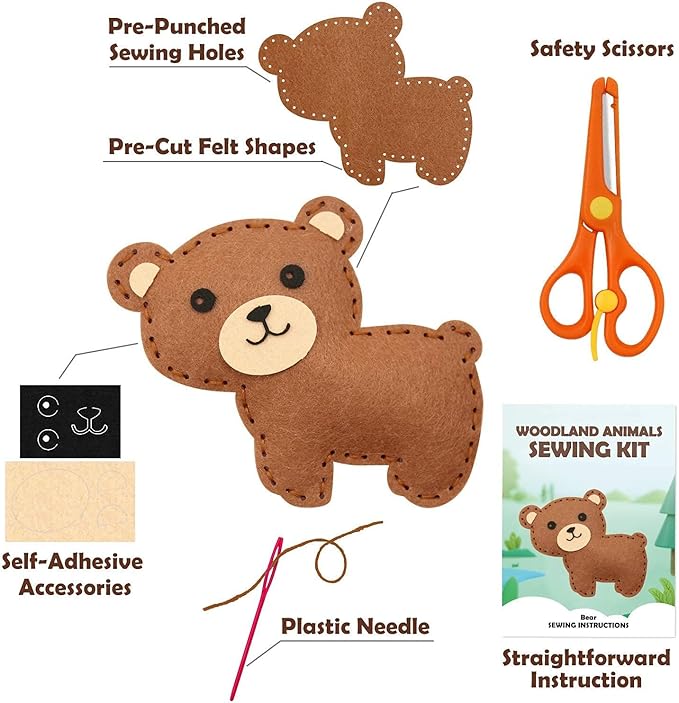 CiyvoLyeen Woodland Animals Craft Kit Kids DIY Crafting and Sewing Set Woodland Animals Felt Plushie for Girls and Boys Educational Beginners Sewing Set Sewing Kits for Kids Age 8 9 10 11 12