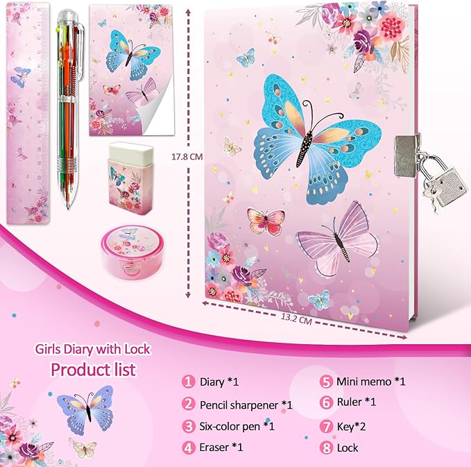 Butterfly Girls Diary with Lock, Set of Diary for Girls Incl. Kids Journal with Lock & Pen (6-Multicolor) Memo Ruler Sharpener Eraser Pink Girls Journal Writing Notebooks for Kids Gifts for Girls 6-8