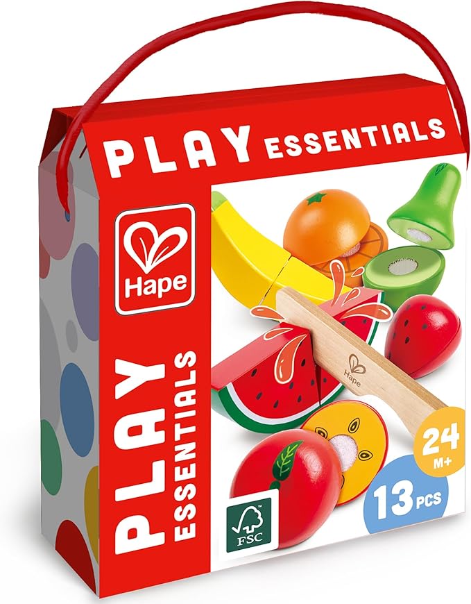 Hape: Fruit Set - 7pc, Wooden Food Play Set, Knife & Velcro Stick Together Fruit Pieces, Cut in Half, Kitchen Pretend Play, Realistic Toy, Kids Age 3+