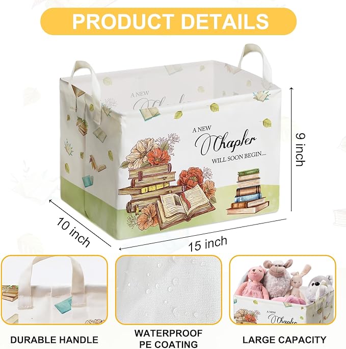 Book Theme Foldable Storage Basket with Handles, Waterproof Fabric Organizer Boxes for Toy and Book Storage, Cube Box for Nursery and Study Room, Gifts for Boys and Girls, Cute Bookshelf Decor