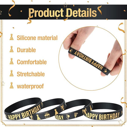Junkin 30 Pieces Birthday Party Rubber Bracelets Silicone Stretch Wristbands Letters Patterns Printed Party Supplies Inspirational Quote Silicone Bracelets for Men and Women (Birthday Style)