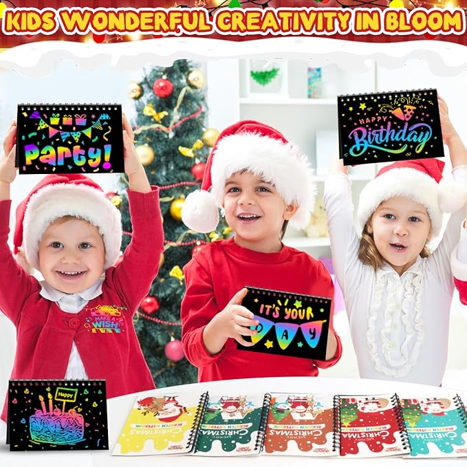 FEREDO KIDS Party Favors for Kids: 16 Pack Christmas Rainbow Scratch Art Notebook Classroom School Supplies Bulk for Girls Boys Goodie Bags Stuffers, Return Gifts for Birthday Party Gift Kid Crafts