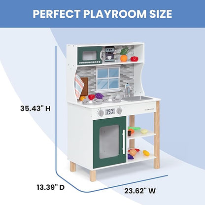 Delta Children Tiny Chef Play Kitchen - Toy Kitchen Playset with Realistic Knobs That Turn/Click, Oven, Sink, Microwave and 15 Pieces of Play Food, Green