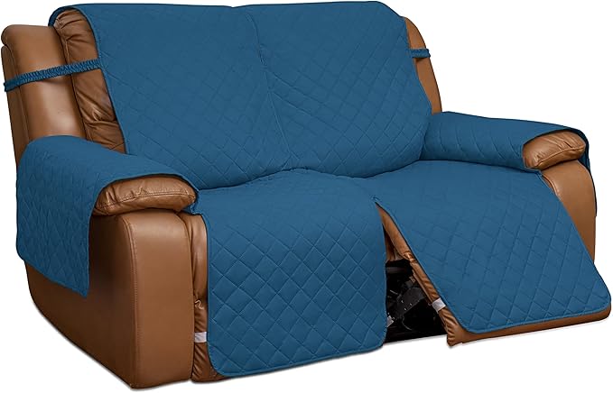 Easy-Going Loveseat Recliner Cover, Reversible Couch Cover for Double Recliner, Split Sofa Cover for Each Seat, Furniture Protector with Elastic Straps for Kids, Dogs(2 Seater, Peacock Blue/Beige)