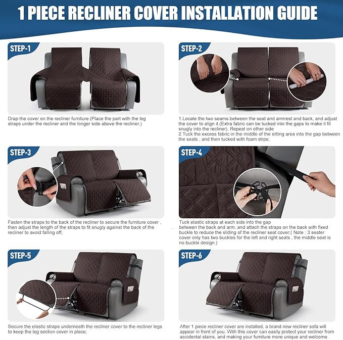 TAOCOCO 100% Waterproof Recliner Covers, Recliner Sofa Covers with Leg Straps, Reversible Recliner Couch Cover for Reclining Chair, Washable Couch Protector for Pets Kids(2 Seater, Chocolate)