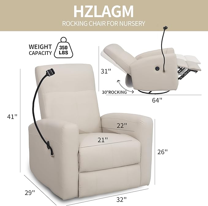 Power Swivel Glider Chair Nursery, Swivel Rocker Recliner with USB Ports, Rocking Chair with Microfiber Leather, Waterproof, Living Room, Nursery - Beige