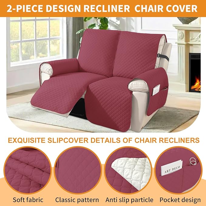 XINEAGE Water Resistant Recliner Cover, 2 seat Recliner Loveseat Covers with Pockets, Quilted Thick Recliner Protector Cover for Dog Pets with Non Slip Backing and Strap (Recliner Loveseat, Red)