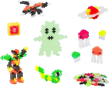 PLUS PLUS 240 Piece Interlocking Building Blocks for Kids, Open Ended Connecting Toys, STEM Bin Mini Manipulatives - Glow Mix Play Tube & Baseplate