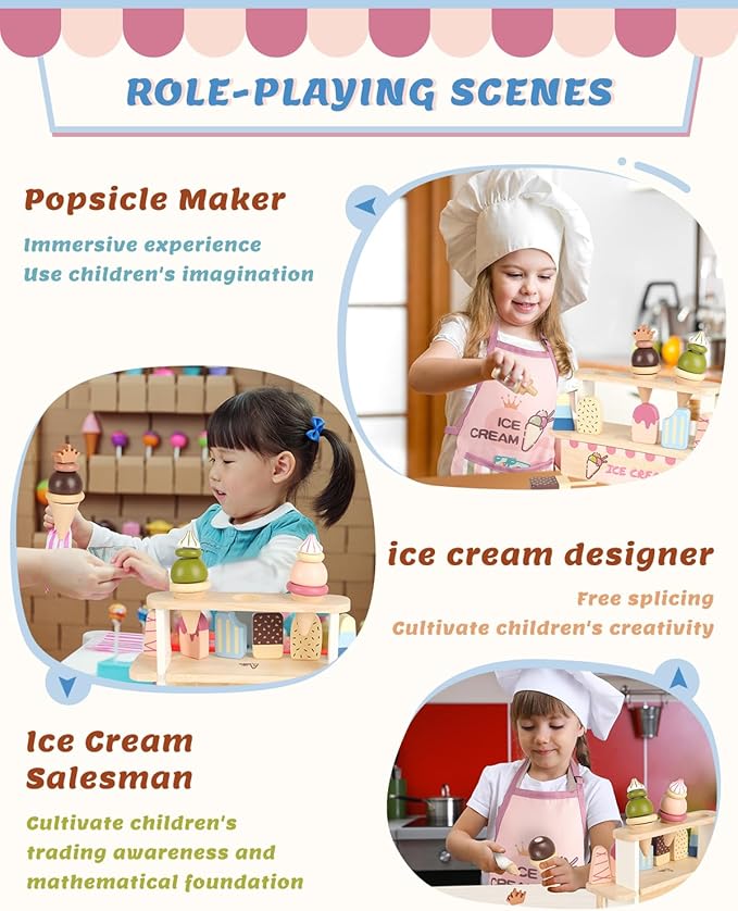 Ice Cream Toys for Toddlers 3-5, Wooden Ice Cream Stand for Kids, Popsicle Toys Ice Cream Set, Kids Ice Cream Shop Playset, Ice Cream Truck Toy Gift for Girl Boy 3 4 5 Years, Wooden Play Food Set