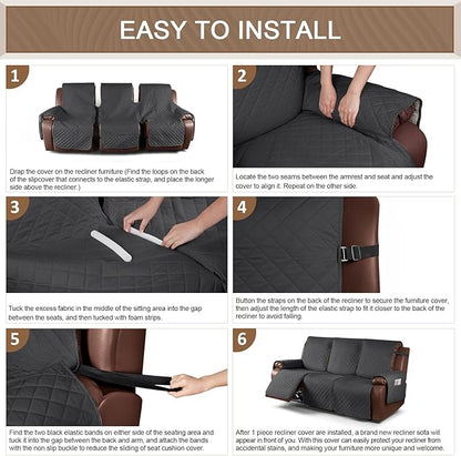 KinCam Waterproof Recliner Sofa Cover, Non-Slip Reclining Couch Covers for 3 Seat, Recliner Couch Cover Furniture Protector with Elastic Straps for Pets, Kids, Charcoal Gray