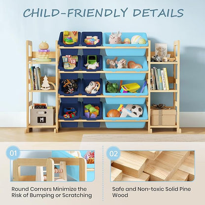 EXPERLAM Extra Large Toy Storage - Toy Storage Organizer, Wooden Toy Organizer with 6 Side Shelves and 12 Bins, 3-in-1 Bookshelf for Kids Rooms, Bedroom, Playroom, Nursery, Blue