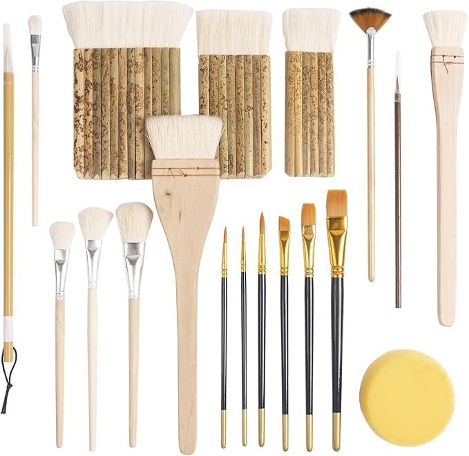 Set of 14 Wool Soft Pottery Glaze Brushes for Ceramic Glazing Acrylic Watercolor Oil Painting, Includes Sponge, Mop, Hake, Sumi, Fan, Fine Brush Bristle for Clay Kiln Blending Supplies