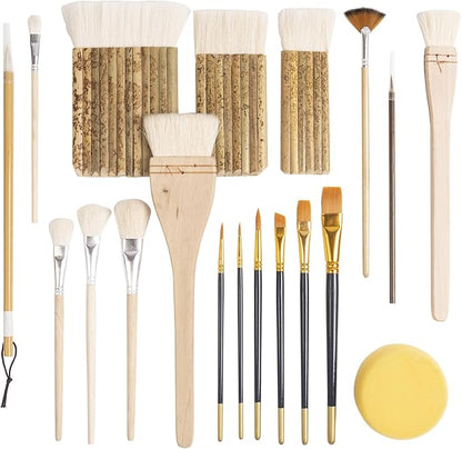 Set of 14 Wool Soft Pottery Glaze Brushes for Ceramic Glazing Acrylic Watercolor Oil Painting, Includes Sponge, Mop, Hake, Sumi, Fan, Fine Brush Bristle for Clay Kiln Blending Supplies