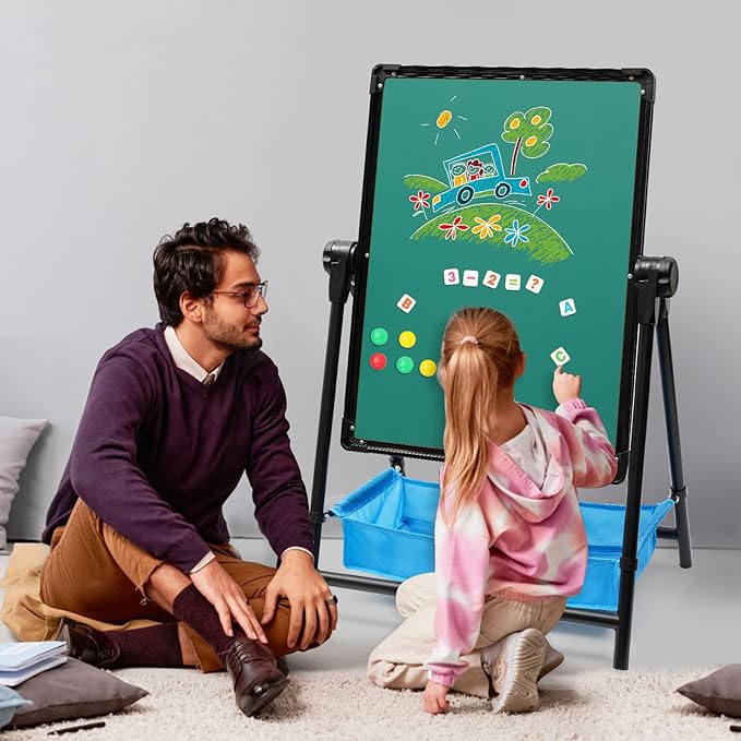Kids Art Easel Double-Sided Easel Designed with Height Adjustable Function & Large Storage Bag Whiteboard & Chalkboard 360°Rotating Kids Drawing Easels for Kids Toddlers (26inch-43inch)