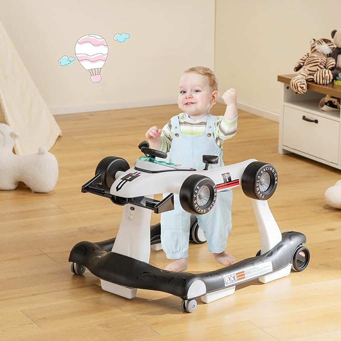 GLACER Foldable Baby Walker, 4-in-1 Infant Walker with Adjustable Height & Speed, Music, Light, Steering Wheel & Washable Cushion, Baby Walker Activity Center for Boys Girls 6 –18 Months (White)