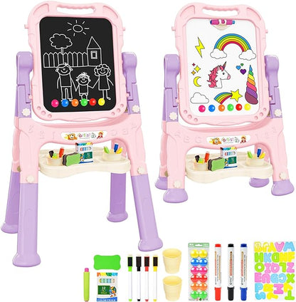 Kids Art Easel, Adjustable Drawing White Board & Chalk Board, Toddler Standing Easel with Painting Accessories, Gift for Girls Boy (Pink)