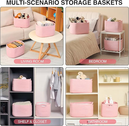 ICERZCZ Storage Baskets for Organizing Shelves, Pink Basket for Nursery, Woven Cotton Rope Baskets for Storage, Towel Basket for Bathroom, 15"x11"x9.5", 3 Packs, Light Pink