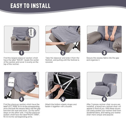 KinCam Recliner Covers, Stretch Reclining Chair Covers, Recliner Sofa Slipcovers Stripe Jacquard Recliner Couch Covers Furniture Protector Covers for Pet Kid (1 Seater, Light Gray)