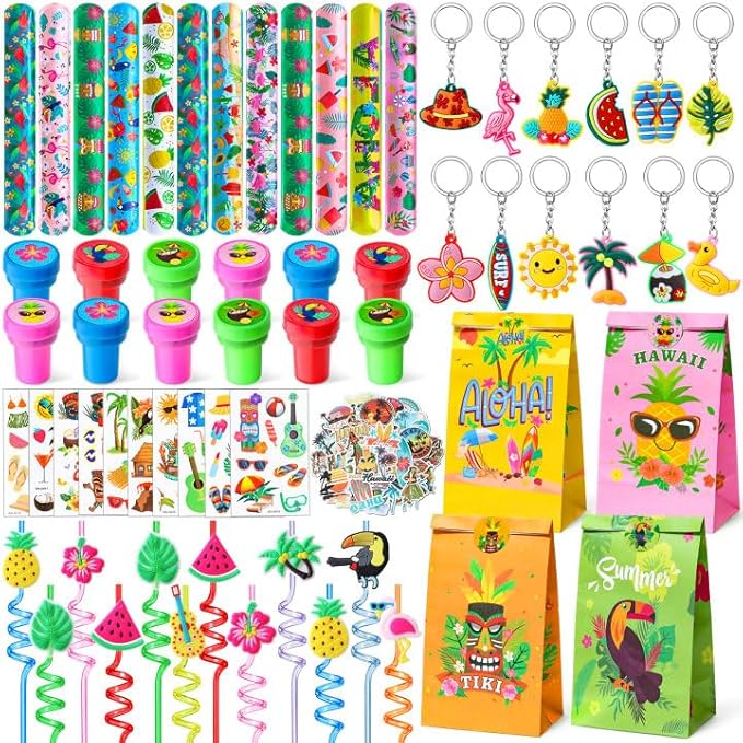122Pcs Hawaiian Party Favors Summer Pool Beach Birthday Party Supplies Straw Stamp Bracelet Tattoo Sticker Keychain Pinata Goodie Bag Toy Gift Prize Filler Stuffer Kids Tropical Luau Party Supplies