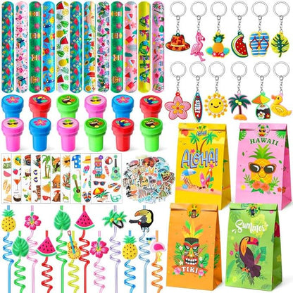 122Pcs Hawaiian Party Favors Summer Pool Beach Birthday Party Supplies Straw Stamp Bracelet Tattoo Sticker Keychain Pinata Goodie Bag Toy Gift Prize Filler Stuffer Kids Tropical Luau Party Supplies