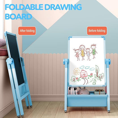 Art Easel for Kids, Double Sided Kids Easel Drawing Board, Whiteboard & Chalkboard for Kids, 360°Rotating Adjustable Kids Easel Art Set, Standing Erasable Easel Board, Easel for Classroom (Blue)