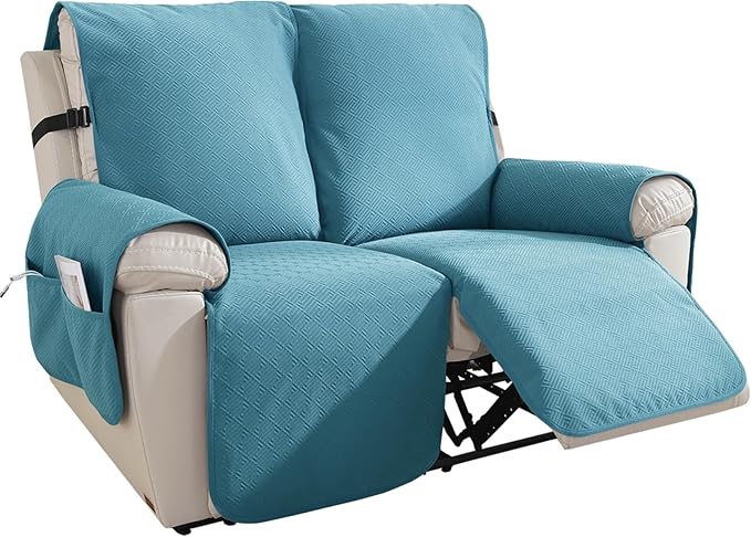 Easehomey Water Resistant Loveseat Recliner Cover Non Slip Sofa Cover for Reclining Sofa 2 Seat, Recliner Couch Cover Furniture Protector for Kids Pets with Elastic Band Pocket(Peacock Blue, 2 Seater)