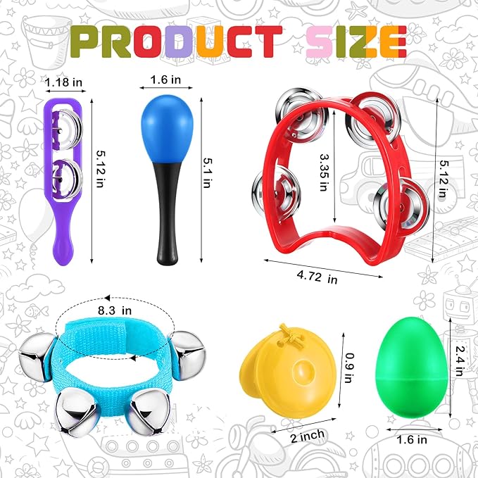 Silipull 108 Pcs Shaker Musical Instruments Set for Kids Early Music Learning Toy Bulk Egg Shaker Wrist Hand Band Bells Maracas Percussion Tambourine Cymbals Plastic Castanets for Preschool