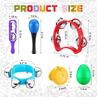 Silipull 108 Pcs Shaker Musical Instruments Set for Kids Early Music Learning Toy Bulk Egg Shaker Wrist Hand Band Bells Maracas Percussion Tambourine Cymbals Plastic Castanets for Preschool