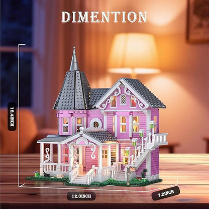 Pink Palace Apartment Building Set with Lights, 1349PCS Halloween Haunted House Blocks Compatible with Lego, Christmas Birthday Gifts for Kids & Collectors Aged 8+