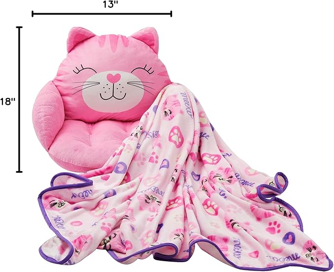 Unicorns & Robots Girls Cat Kids Lounge Pillow with Blanket, Plush Animal Cozy Cushion, Playroom Cozy Cushion & Kitty Room Decor, Ages 3+