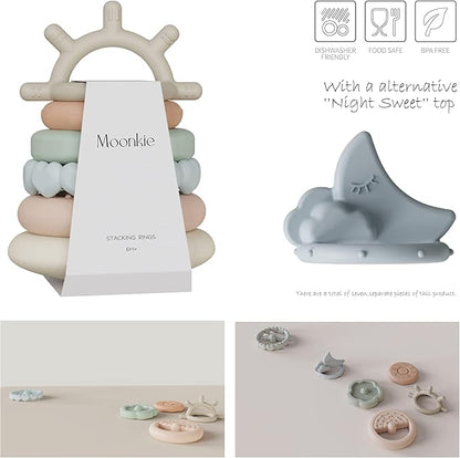 Moonkie Stacks of Circles Soft Teething Toy | Educational Learning Baby Toy | Stacking Ring Toys for Babies Boy and Girl | 7 Piece Teethers Set (Nature)