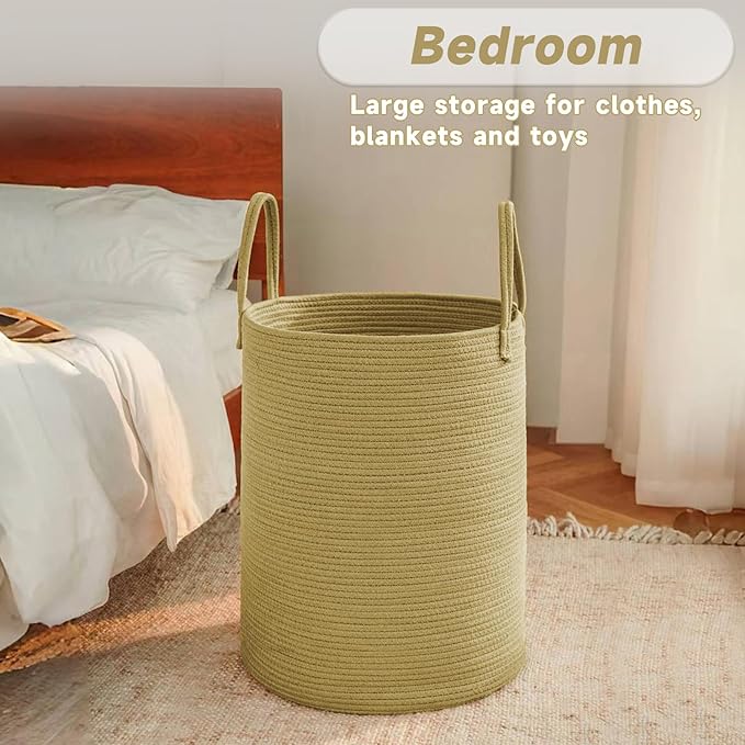 JMvicyroam Large Woven Laundry Basket Hamper,100L Cotton Rope Storage Bin for Blankets,Toys and Clothes,Decorative Tall Nursery Hamper for Living Room,Baby Nursery,Bathroom and Bedroom,Jute
