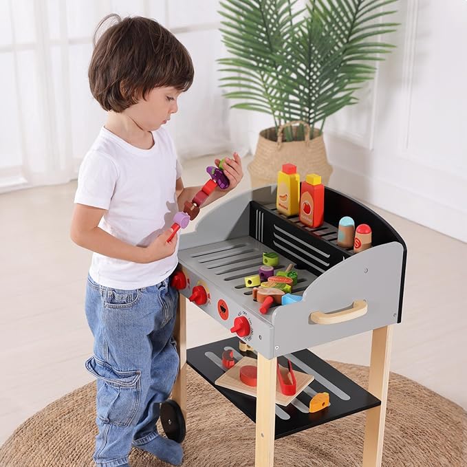 Kids Grill Playset Wooden Barbecue Toy Grill with Play Food Toy and Grilling Tools, Play Kitchen Accessories for Toddlers Age 3+