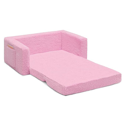 Delta Children Cozee Flip-Out Sherpa 2-in-1 Convertible Sofa to Lounger for Kids, Pink