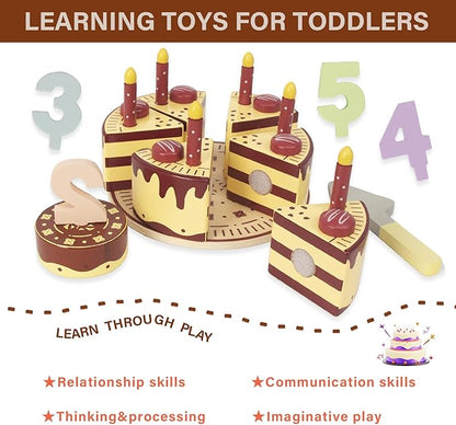 Pretend Play Food for Toddlers 1-3,Wooden Birthday Fake Cake with Candles and Numbers,Tea Party Learning Kitchen Gift Toys for Boys Girls (Chocolate Cake)