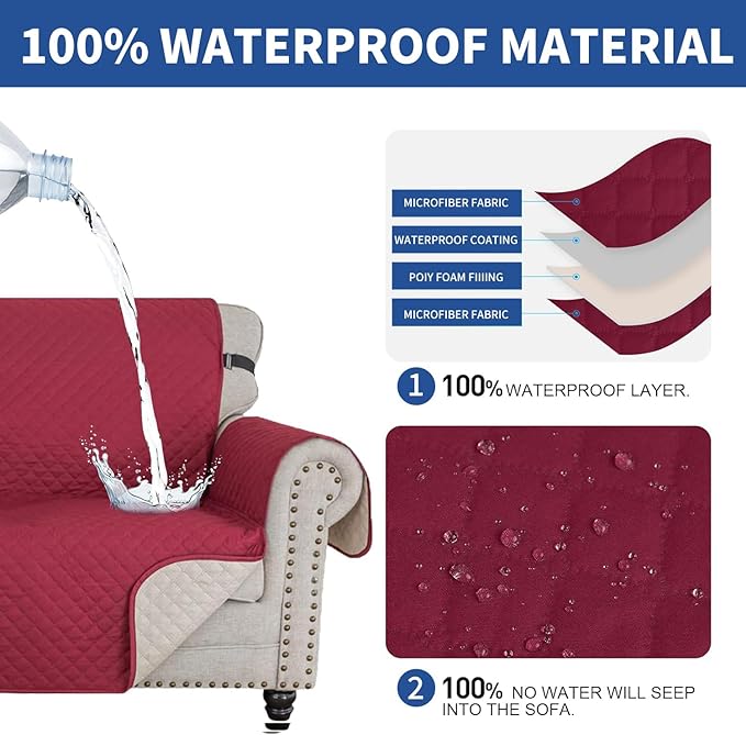 XINEAGE Loveseat Sofa Cover Waterproof Couch Covers for 2 Cushion Couch, Soft Washable Slipcover with Pockets & Non-Slip Elastic Straps, Thick Furniture Protector (Loveseat, Red)