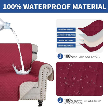 XINEAGE Loveseat Sofa Cover Waterproof Couch Covers for 2 Cushion Couch, Soft Washable Slipcover with Pockets & Non-Slip Elastic Straps, Thick Furniture Protector (Loveseat, Red)