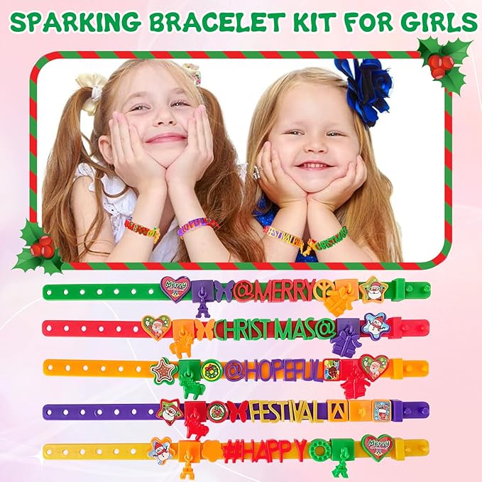 DIY Friendship Bracelet Making Kit for Girls, Charm Kids Wrist Band Making Kit with Stickers, 4 Color Letters, Icons & 5 Straps, Christmas Gifts, Fun Craft Activity for Girls Birthday & Party