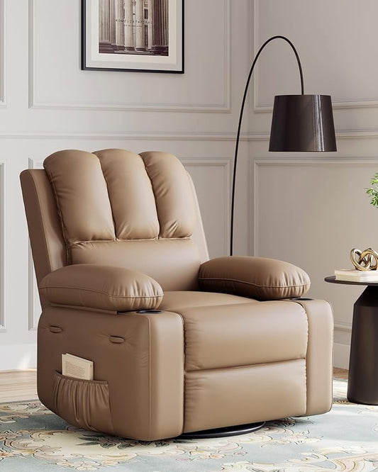 27'' Leather Recliner Chair Oversized, Overstuffed Manual Recliner Chair, Single Sofa for Adults, with Cup Holder and Side Pockets, for Living Rooms, Max Weight 400 lbs, Tan
