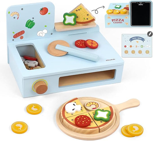 Wooden Pizza Toy,Wooden Pizza Counter Playset with Bake Oven, Montessori Pretend Play Food for Kids Kitchen,Christmas Birthday Gift for Toddlers Boys Girls 3 4 5 6 Year Old