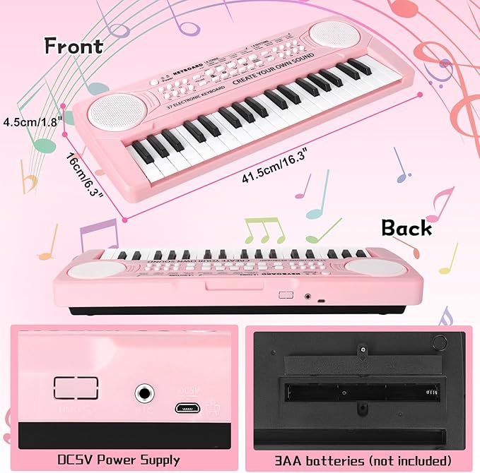 Kids Toddler Toy Piano Keyboard - 37 Key Pianos for Kid Music Toys Instruments with Microphone | Unlock Musical Fun! Perfect Birthday for 3-8 Year Old (Pink)