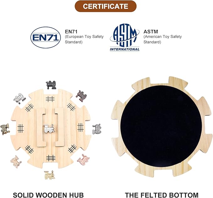 GOTHINK Mexican Train Dominoes Accessories Set - Mexican Train Dominoes Game for Adults & Family, 6.3-Inch Wooden Mexican Train Hub up with Felted Bottom, 9 Metal Train Markers, 100-Sheet Score Pads