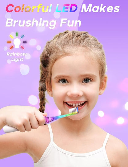 SEAGO Kids Electric Toothbrush with 2 Mins Brushing Timer and 4 Replacement Bursh Heads,Rainbow LED Light Make Brushing Fun, Purple Color Girls Battery Powerd Toothbrush for 4-12 Years Old，SG-977