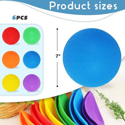 Amor Present 6PCS Playground Ball, 7 Inch Inflatable Kickballs with Pump, Rainbow Rubber Dodgeball for Kids Beach Toy Sports Games Indoor Outdoor Pool Party