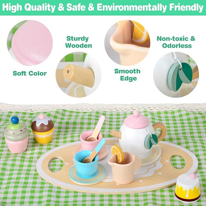 Wooden Tea Party Set, Toddler Tea Set for Little Girls 3-5 with Picnic Mat & Cupcake Stand & Play Kitchen Accessories, Wooden Toys for Toddlers 2 3 4 5 6 Years Old for Garden Picnics and Parties