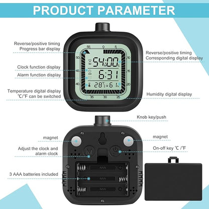 Visual Timer with Alarm Clock Kids Timer Countdown Count-up 1-60 Minutes Kitchen Timer Student Timer Bathroom Timer Clock Sports Timer time Manager with Digital Thermometer Hygrometer (Black)